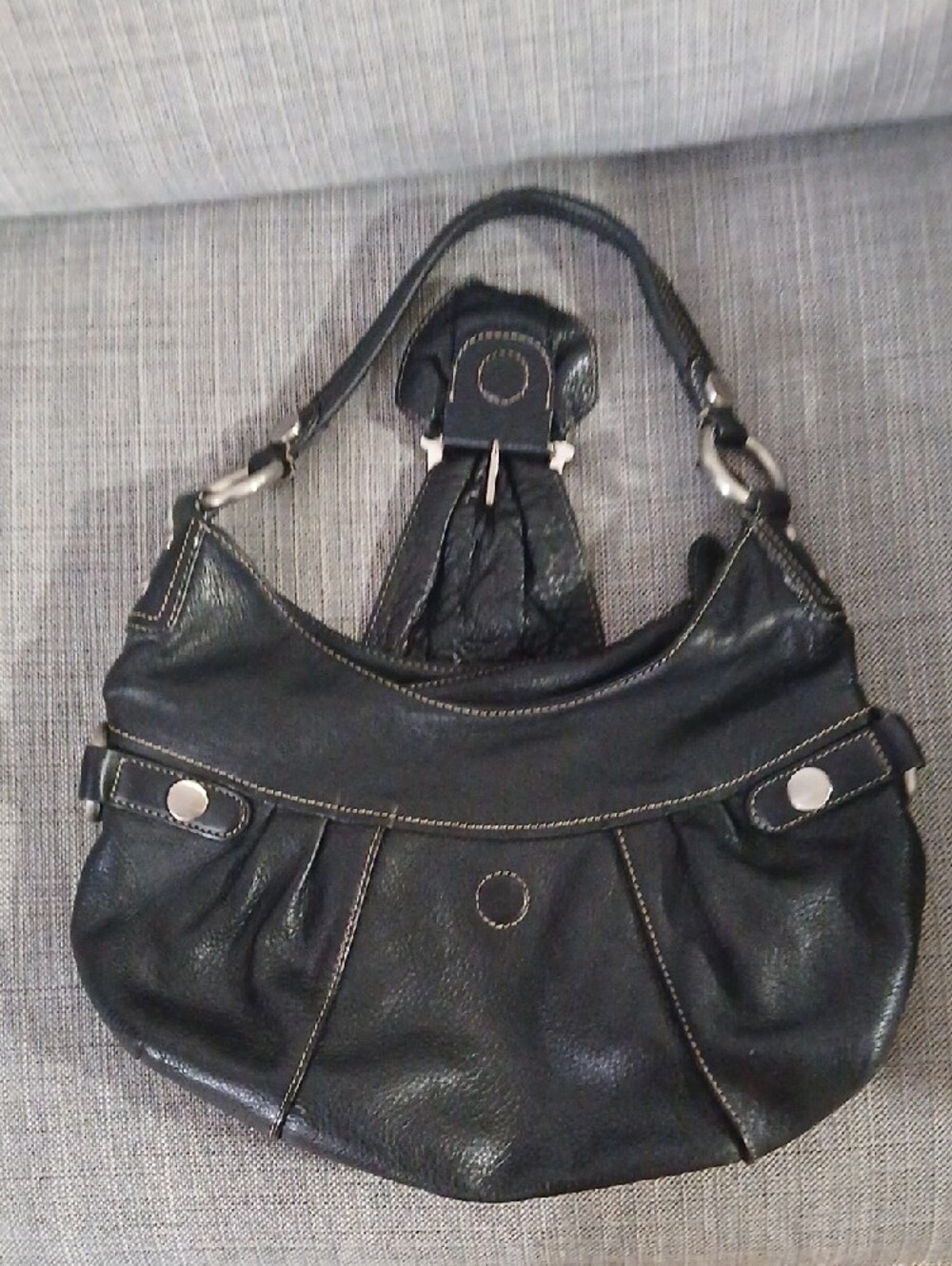 Black Shoulder Hobo Bag with Silver Ring Accent - Picture 4 of 14